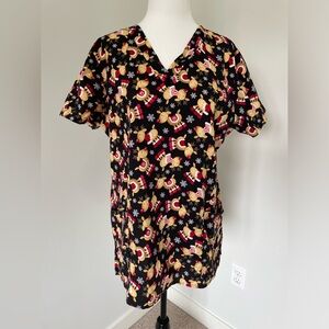 White Cross Reindeer Festive Holiday Theme Scrub Top - Size Medium - Black